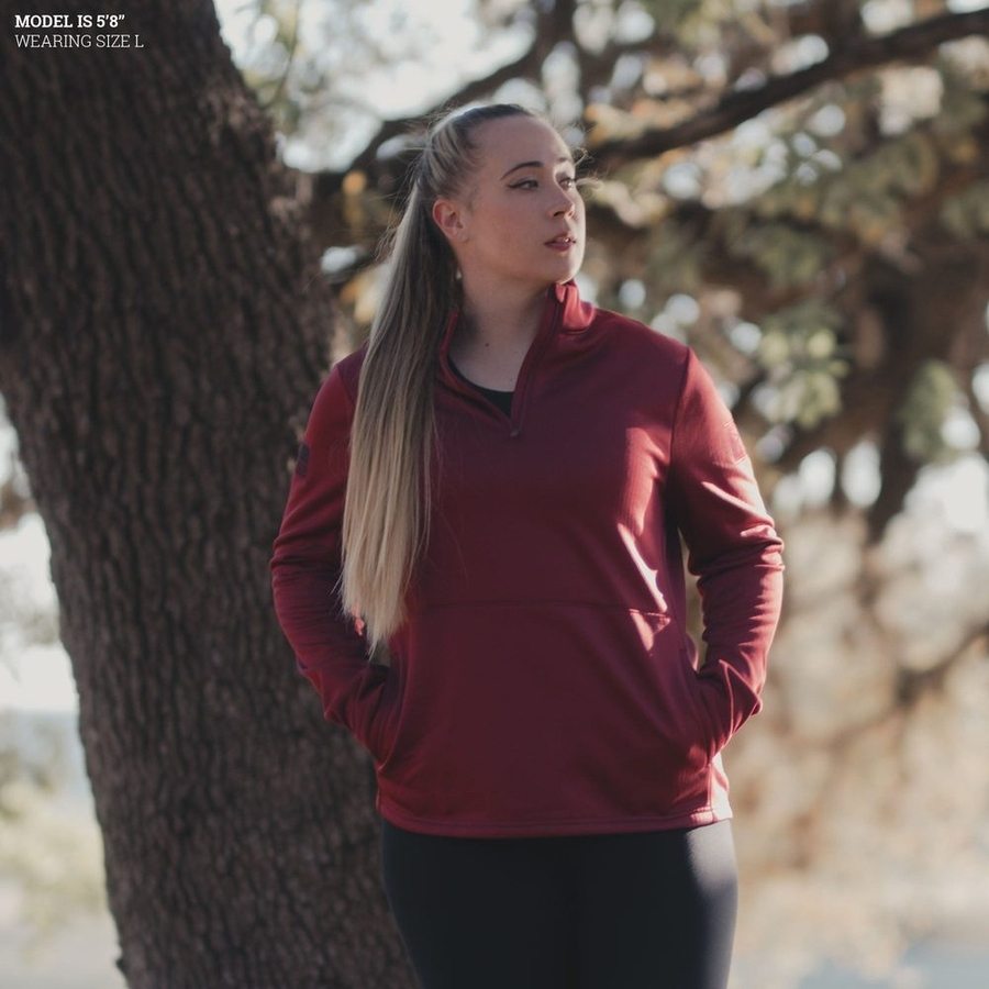 Women's 1/2 Zip Waffle Top - Red Plum - Image 2