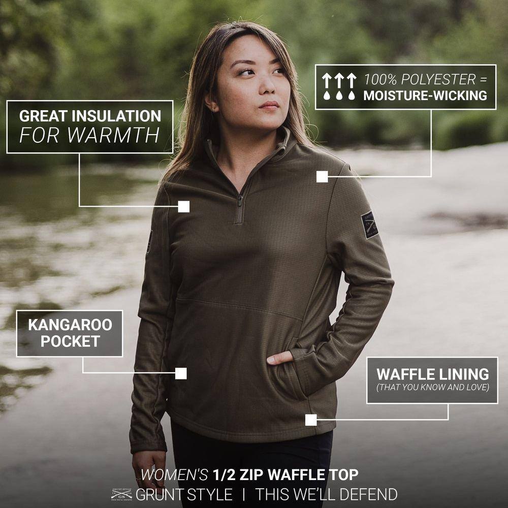 Women's 1/2 Zip Waffle Top - Black - Image 2
